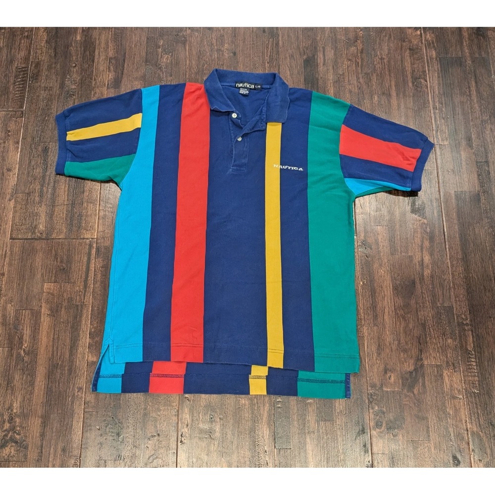 Vintage 90s Nautica Short Sleeve Polo Mens L Color Block Striped Retro Nerd